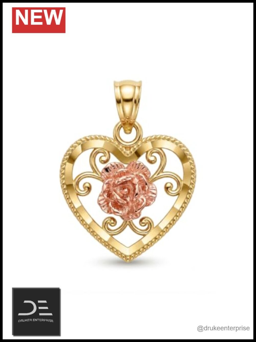 Solid 10k Gold Floral Heart Charm Pendant with Rose Gold Flower, Handcrafted